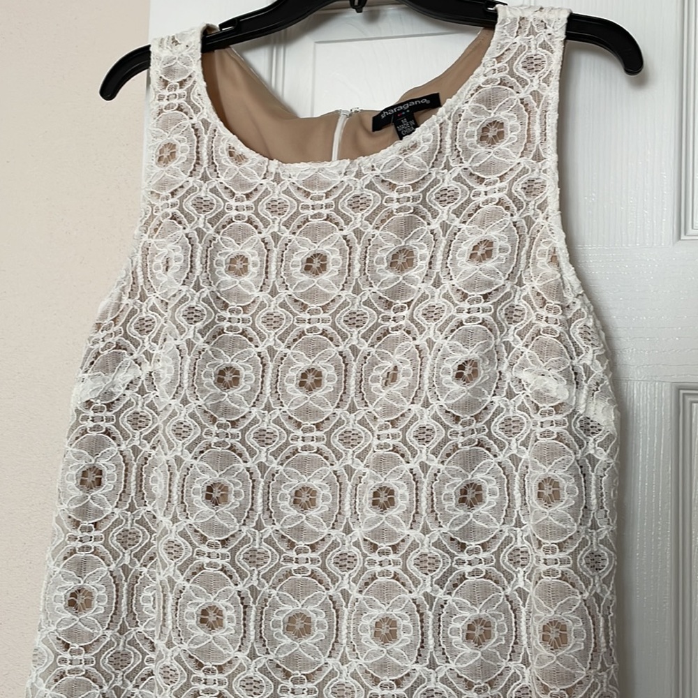 Sharagano beautiful ivory sheath dress with ivory lace over nude lining